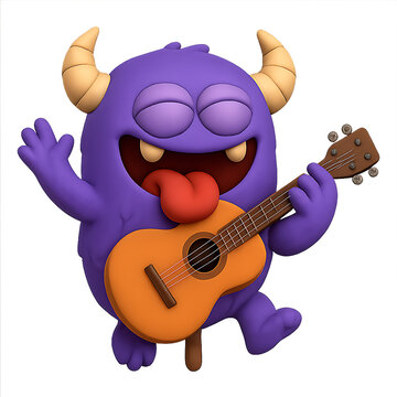Cute purple monster joyfully playing acoustic guitar with eyes closed and tongue out fun music concept illustration