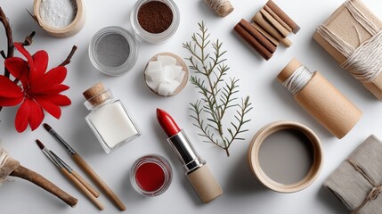 Flat lay with makeup brushes lipsticks and accessories lifestyle decorative inspiration composition