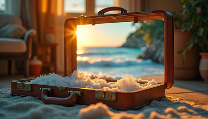 Serene Beach Sunset Adventure: Travel Nostalgia with Suitcase and Cozy Winter Scene