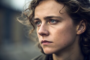 AI-generated image Close-up portrait of a young person with curly hair and a serious, contemplative gaze. Their intense, light-colored eyes look off-camera with a thoughtful expression.