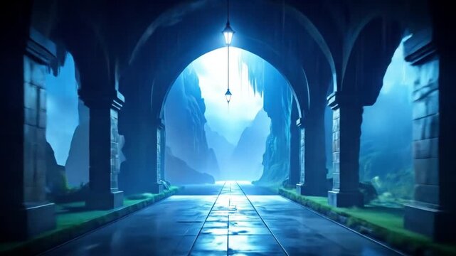 Mystical stone corridor at night