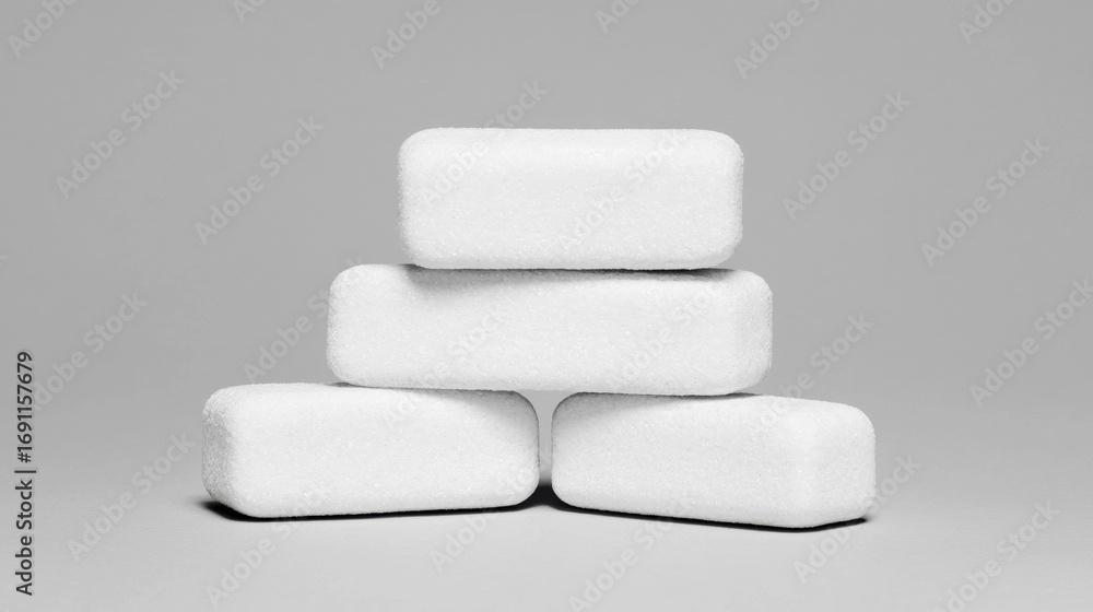 Poster a stack of four white, rectangular objects.