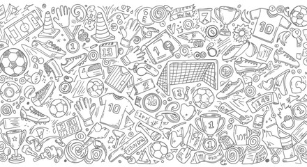 A detailed black and white illustration showcasing a variety of soccerrelated elements, including balls, goals, jerseys, trophies, and gloves, isolated on white background © arfanah02