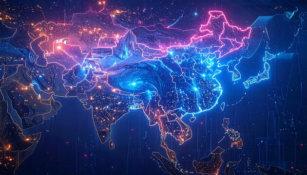 Asian region map, illuminated