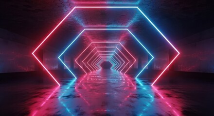 Abstract Futuristic Hexagonal Tunnel with Neon Lights and Reflections