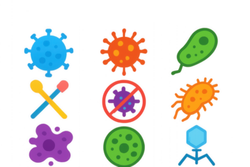 Virus and Bacteria Icons Flat Design Illustration on Black Background