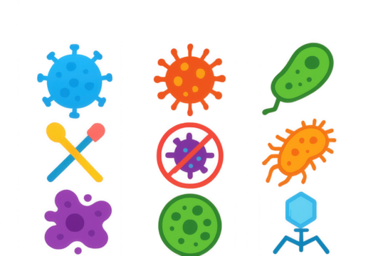 Virus and Bacteria Icons Flat Design Illustration on Black Background