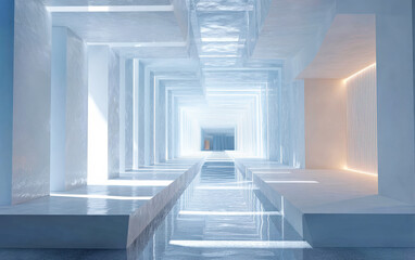 Fototapeta premium Modern and minimalist interior space with reflective surfaces