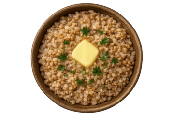 Warm pearl barley with butter and fresh dill, isolated on transparent background
