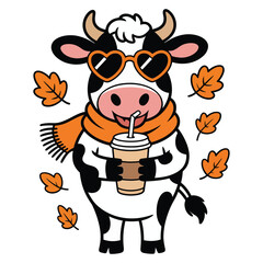Obraz premium A happy moo cow standing symmetrically on a white background, wearing an orange scarf, wearing orange heart-shaped sunglasses.