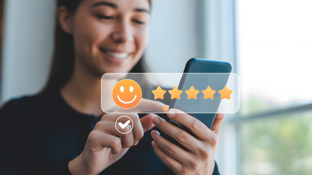 Happy Customer's Feedback: Capturing a woman's positive experience as she gives a positive review, showcasing the importance of customer satisfaction through the use of smile emojis and star rating.