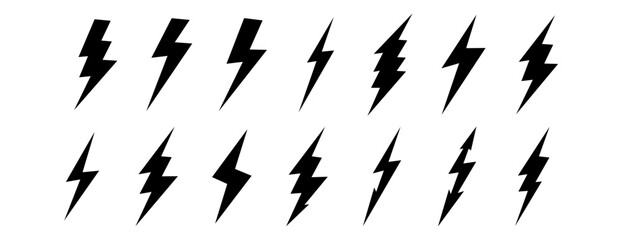 A collection of various black lightning bolt shapes, isolated on a white background.