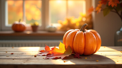 delicate watercolor pumpkin scattered autumn leaves adorn rustic wooden table bathed warm golden sunlight streaming cozy
