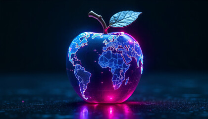 Futuristic cyberpunk artwork of an apple shaped like planet Earth, glowing neon in blue, purple, and pink.