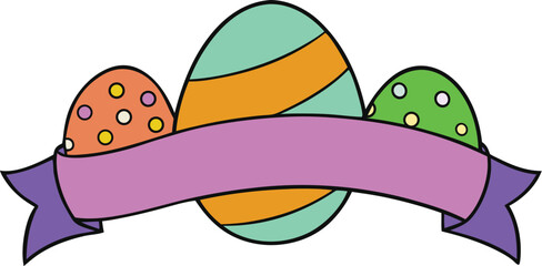 Easter eggs and purple banner with copy space spring