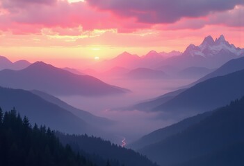 Fototapeta premium colorful dawn over misty mountain range vibrant skies ethereal landscapes, sunrise, sky, cloud, peaks, valley, wilderness, light, reflection, twilight