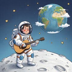 An astronaut playing guitar on the moon, in children's book illustration style (1)