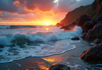 Fototapeta premium crisp waves crashing rocky coastline sunset dramatic sky ocean surf nature landscape, sea, shore, foam, water, reflection, storm, tide, evening, tranquil