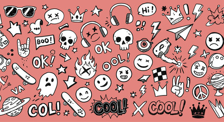 Funky doodle pattern with skulls, stars, and skateboards on a pink background, creating a playful and youthful aesthetic for various creative projects © arfanah02