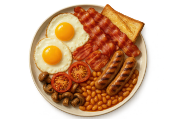 Classic full English breakfast isolated on a transparent background, delicious and hearty