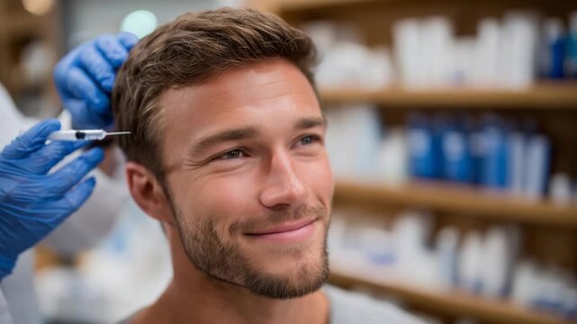 A handsome man receives microinjections along his hairline, with a doctor's gloved hands stabilizing the skin, set against a backdrop of soft-focus medical supplies.