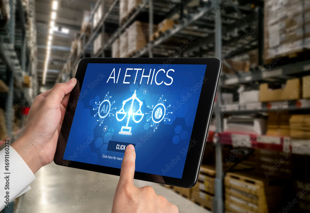 Aufkleber ai ethics responsibility standard law and rules on computer screen provide report of ai ethic transp