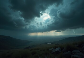 Fototapeta premium dramatic endless horizon storm clouds dark sky atmospheric landscape, nature, view, expanse, mist, overcast, darkness, silhouette, weather, lightning