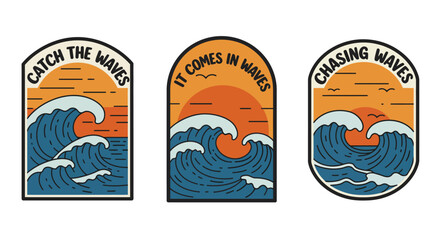 Catch the waves illustration isolated on white background, featuring ocean waves and sunset, perfect for surfthemed designs and summer vibes