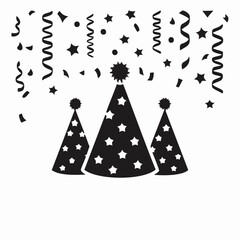 Black party hats with stars and falling confetti streamers celebration
