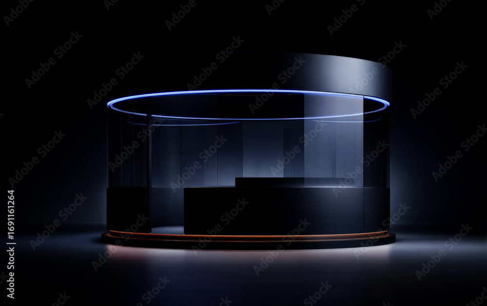Poster modern circular display case with illuminated edges in dark setting