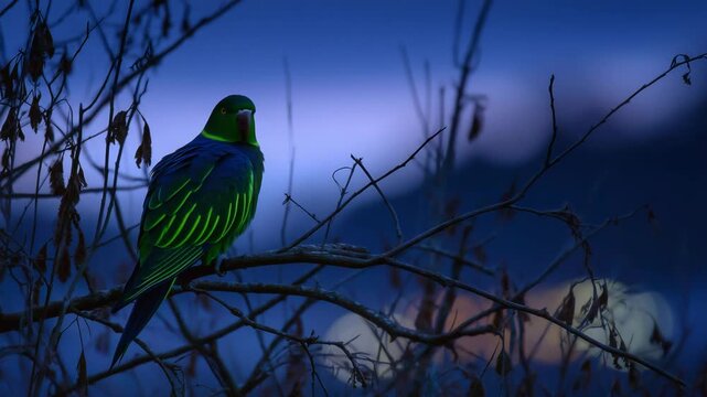 A stunning backlit parrot silhouette with a vibrant green halo effect, perched on a dry branch at dusk.