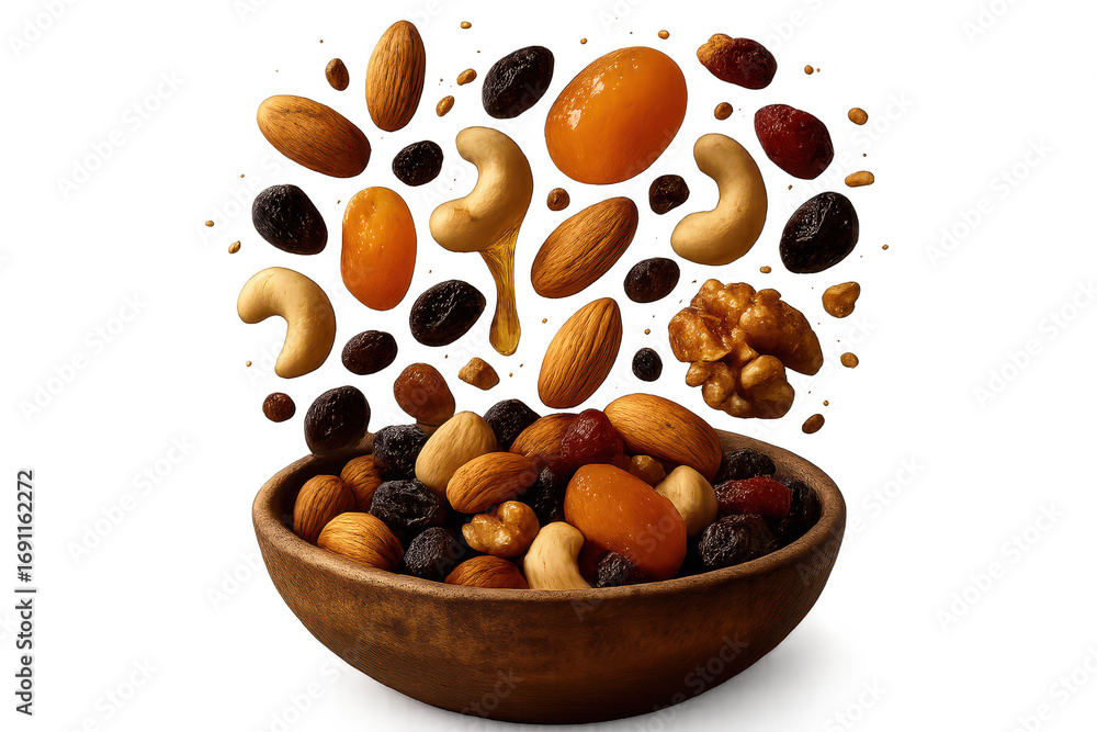 Poster assorted nuts and dried fruits isolated on transparent background