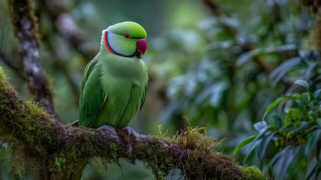 A vibrant Indian ringneck parakeet sits elegantly on a mossy branch in a sunlit rainforest canopy.