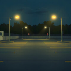 An empty parking lot at night, glowing streetlights casting long shadows, an atmosphere of mystery, silence and cinematic loneliness.