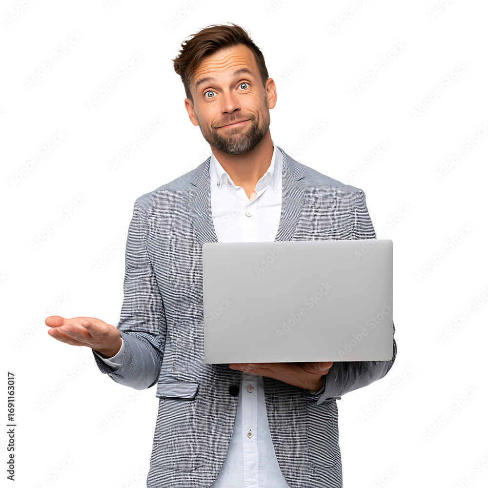 Poster man in blazer presents laptop with humorous expression confusion ? wonder ? ready to help ! isolated