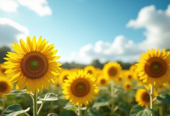 Obraz premium fluffy white clouds floating above vibrant sunflower fields illuminated golden sunlight, yellow, petal, nature, landscape, sky, blue, blooming, flora