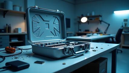 Naklejka premium futuristic metallic toolkit lies open sleek workbench surrounded scattered circuit boards wires soft blue led lighting