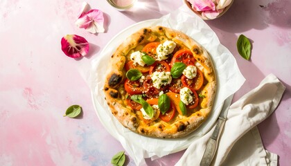 Pizza with tomato slices, mozzarella, and basil
