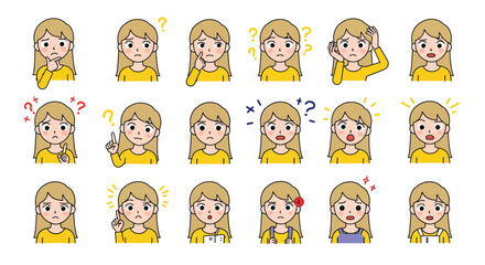 Cartoon woman with various expressions and emotions, wearing a yellow shirt isolated on white background, showcasing a range of feelings