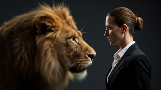 Woman face to face with lion confrontation concept self confidence assertiveness power