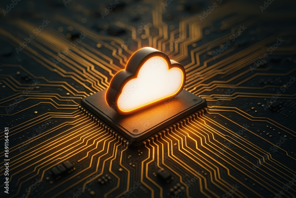 Poster cloud computing: a luminous cloud hovers above a cpu, intertwined with intricate digital pathways, h