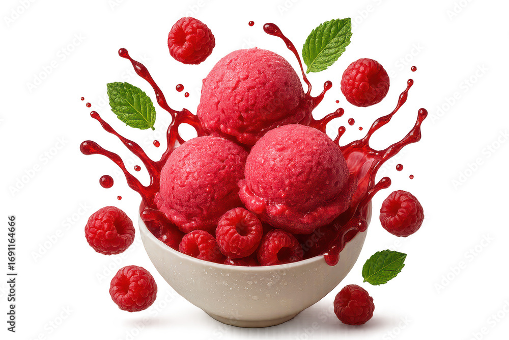 Poster raspberry ice cream with fresh berries isolated on transparent background