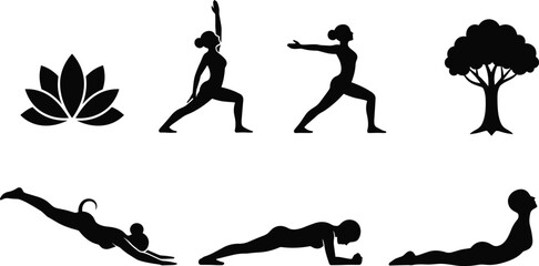 Yoga poses silhouette, meditation vector, lotus symbol, fitness exercise icons, wellness illustration, mindfulness practice, stretching, balance, health, lifestyle design
