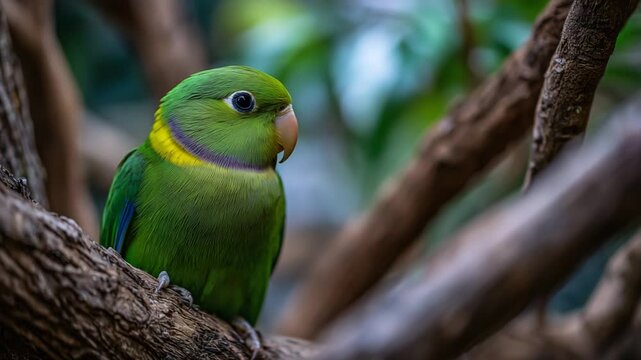 Vibrant green parakeet with striking eye detail and neck ring perched on a textured tree limb in a blurred forest setting.