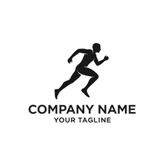 A dynamic black silhouette logo of a muscular athlete sprinting, with placeholder text for a company name and tagline.