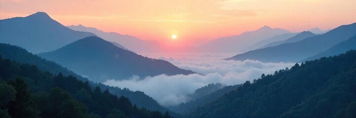 Obraz premium Serene landscape at dawn, mist shrouding mountains, conveying a sense of tranquility and inner peace; ideal for meditation and mindfulness imagery , spiritual, scenic