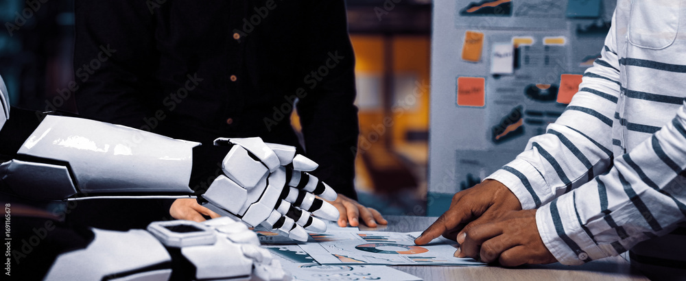 Poster a human and a robot collaborate in an office, analyzing data on graphs and charts. this modern setti
