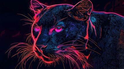 A striking black panther, awash in vibrant neon hues, its piercing gaze hinting at power and mystery, stands out against a stark black backdrop, in a captivating, artistic rendering.