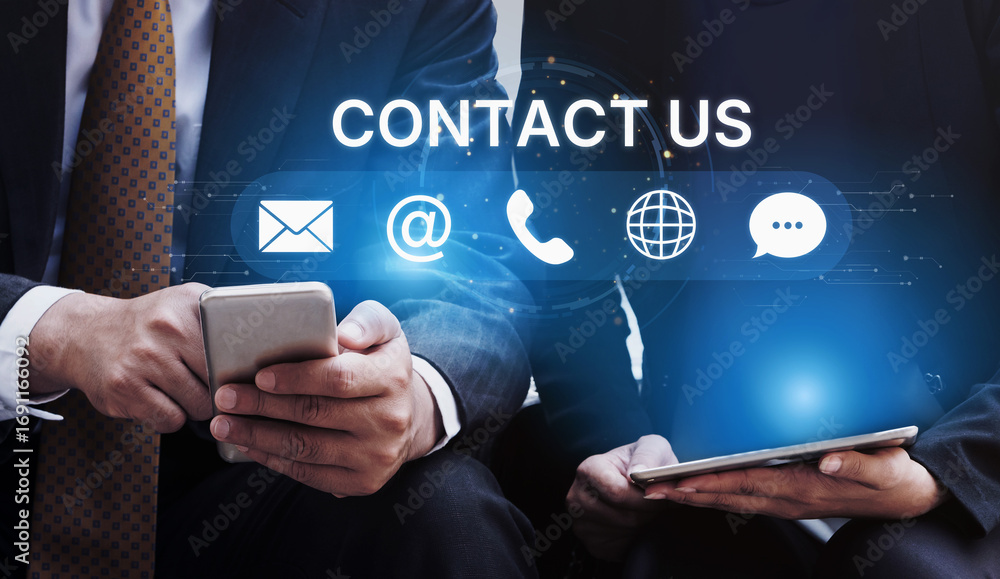 Poster ui concept for contact us section showing icons for email, web, phone, and message. contact and supp