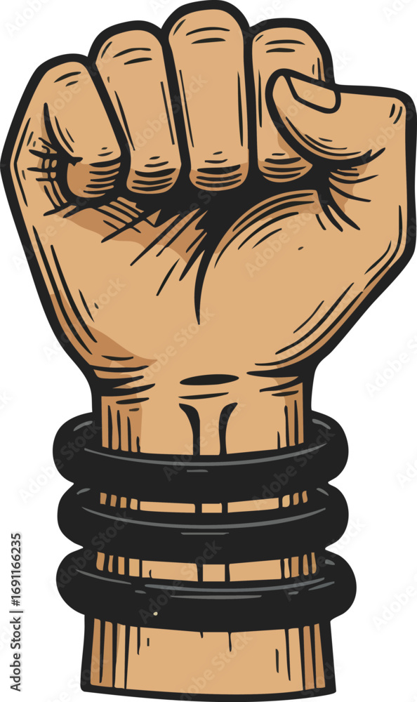 Poster raised fist clenched hand symbolizing strength and unity with wristbands vector illustration